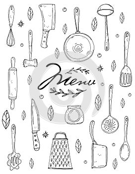 Menu cover with hand drawn kitchenware, spice and lettering on a white background