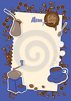 Menu with a cup, sugar, cezve and coffee grinder