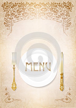 Menu, cutlery on grunge background.