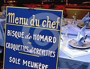Menu du chef sign at a French restaurant