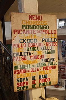 Menu of an eatery at the market in Sucre, Boliv