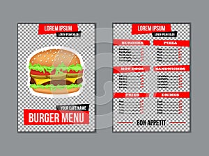 Menu for fast food restaurant with transparent background. template for brochure with burger on a transparent background