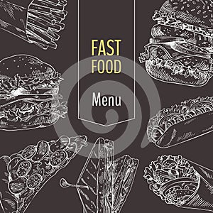Menu Fast Food Set Sketch Vector Illustration