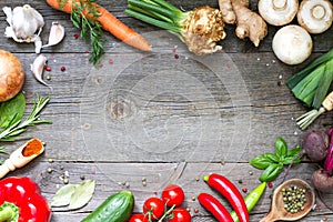 Menu food culinary frame concept on vintage wooden background photo