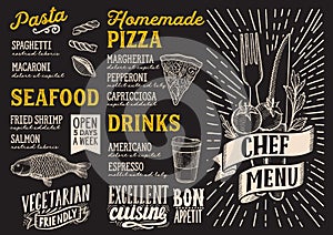 Menu food template for restaurant with doodle hand-drawn graphic