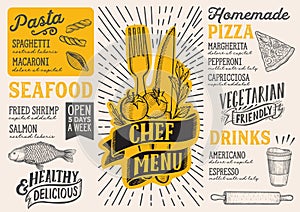 Menu food template for restaurant with doodle hand-drawn graphic