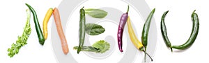 MENU, green yellow red chili purple pepper, celery stick, carrot, letter for vegan, vegetarian, vegetables cafe menu