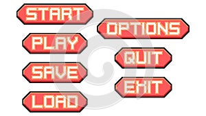 Menu interface buttons pixel art set. 8 bit graphical user interface elements. Game development, mobile app. Isolated