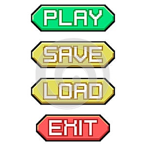 Menu interface buttons pixel art set. 8 bit graphical user interface elements. Game development, mobile app. Isolated