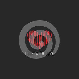 Menu logo restaurant tableware fork, spoon, knife heart shape cafe emblem, cookbook cover background mockup