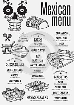 Menu mexican restaurant, template placemat.