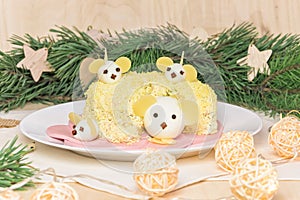 Menu for New Year. Holiday Christmas salad 2020 New Year cheese head shape with mice