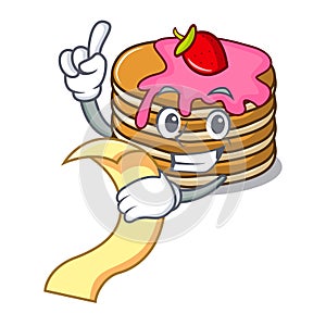 With menu pancake with strawberry mascot cartoon
