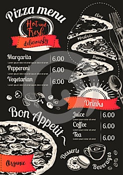 Menu pizza Vector slice chalkboard background. Doodle top view. Hand-drawn Menu illustration, line sketch.