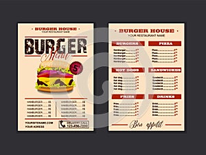 Menu placemat food restaurant brochure, menu template design. Vector food menu flyer. Gourmet menu board.