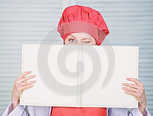 Menu planning. woman read good recipe for culinary cuisine. woman loves eating food. girl read big book of seating plan