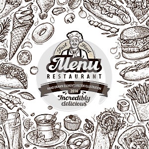 Menu restaurant, cafe template design. sketch food photo