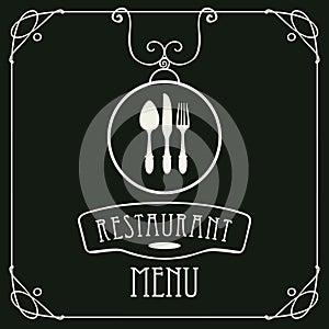 Menu for restaurant with flatware and curlicues