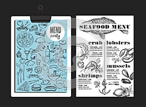 Menu seafood restaurant, food template placemat.