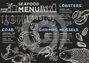 Menu seafood restaurant, food template placemat.