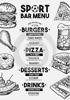 Menu sport bar restaurant, food template placemat.