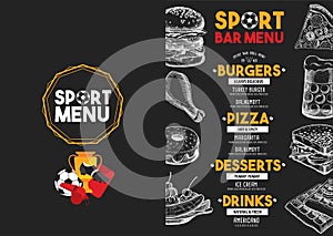 Menu sport bar restaurant, food template placemat.
