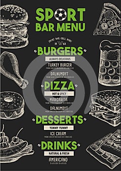 Menu sport bar restaurant, food template placemat.