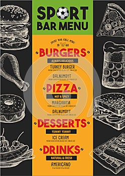 Menu sport bar restaurant, food template placemat.