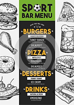 Menu sport bar restaurant, food template placemat.