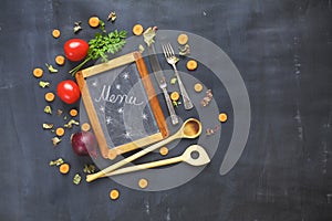 Menu template, black bord,vegetables