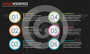 Menu template with circular diagram set or pie chart. 6 steps, options, stages or levels. Layout workflow. Modern business.