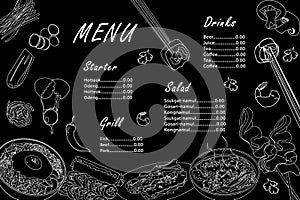 Menu template for Korean cuisine cafe. Asian white outline dishes bibimbap, gimbap, guksu, odeng, galbi-gui on black background photo