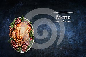 Menu with Roast Turkey over Chalkboard Texture Background