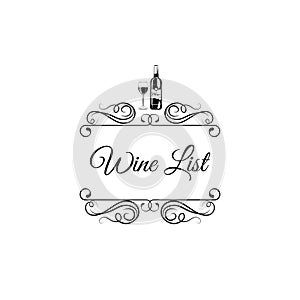 Menu wine design. Wine bottle and glass. Swirls, filigree and flourish elements. Vector illustration.