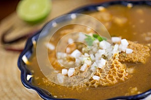 Menudo mexican soup with cow stomach, pancita hot pot
