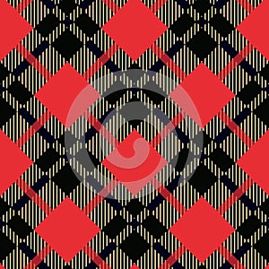 Menzies tartan black red kilt diagonal fabric texture background seamless pattern.Vector illustration. EPS 10. No gradients.