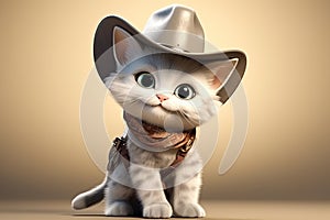 Meow-Boy Marvel: A 3D-Rendered Cat\'s Journey to Cowboy Stardom on Blue Gradient Background