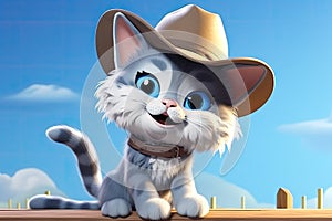 Meow-Boy Marvel: A 3D-Rendered Cat\'s Journey to Cowboy Stardom on Blue Sky Background