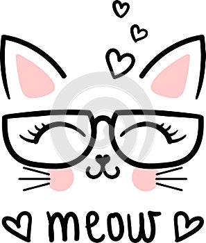 Meow.Cute, cartoon cat with glasses. Vector photo