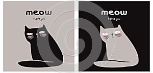 Meow I love you. Cute Hand Drawn Black Funny Cat Vector Illustration Set.
