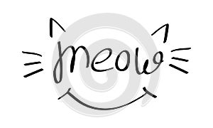 Meow lettering with cat whiskers, ears and smile