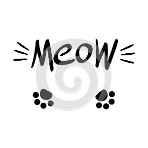 Meow lettering with cat whiskers and paws.