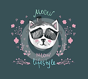 Meow lifestyle - Doodle Kitty. Cute fashion cat in sunglasses - vector postcard. Funny pets character. Trendy hipster skeych