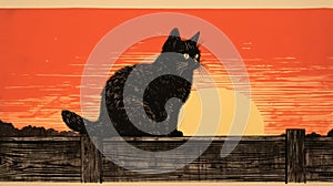Meowcat: A Bold And Colorful Woodblock Print Illustration