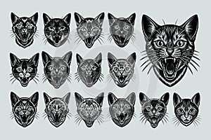 Meowing chartreux cat head silhouette illustration design set