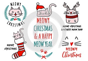 Meowy Christmas with cute cats, vector set