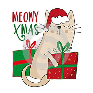 Meowy Christmas - funny greeting with cute cat in Santa hat and Christmas presents.