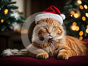Meowy Christmas: Orange Cat Wearing Santa Hat in Joyful Celebration