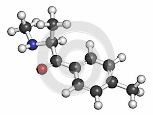 Mephedrone (4-MMC, 4-methylmethcathinone, 4-methylephedrone) stimulant drug molecule (designer drug). 3D rendering. Atoms are