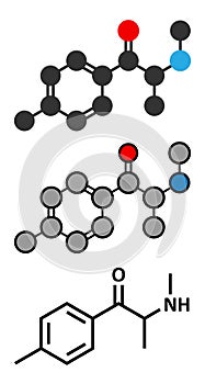 Mephedrone (4-MMC, 4-methylmethcathinone, 4-methylephedrone) stimulant drug molecule (designer drug). Stylized 2D renderings and